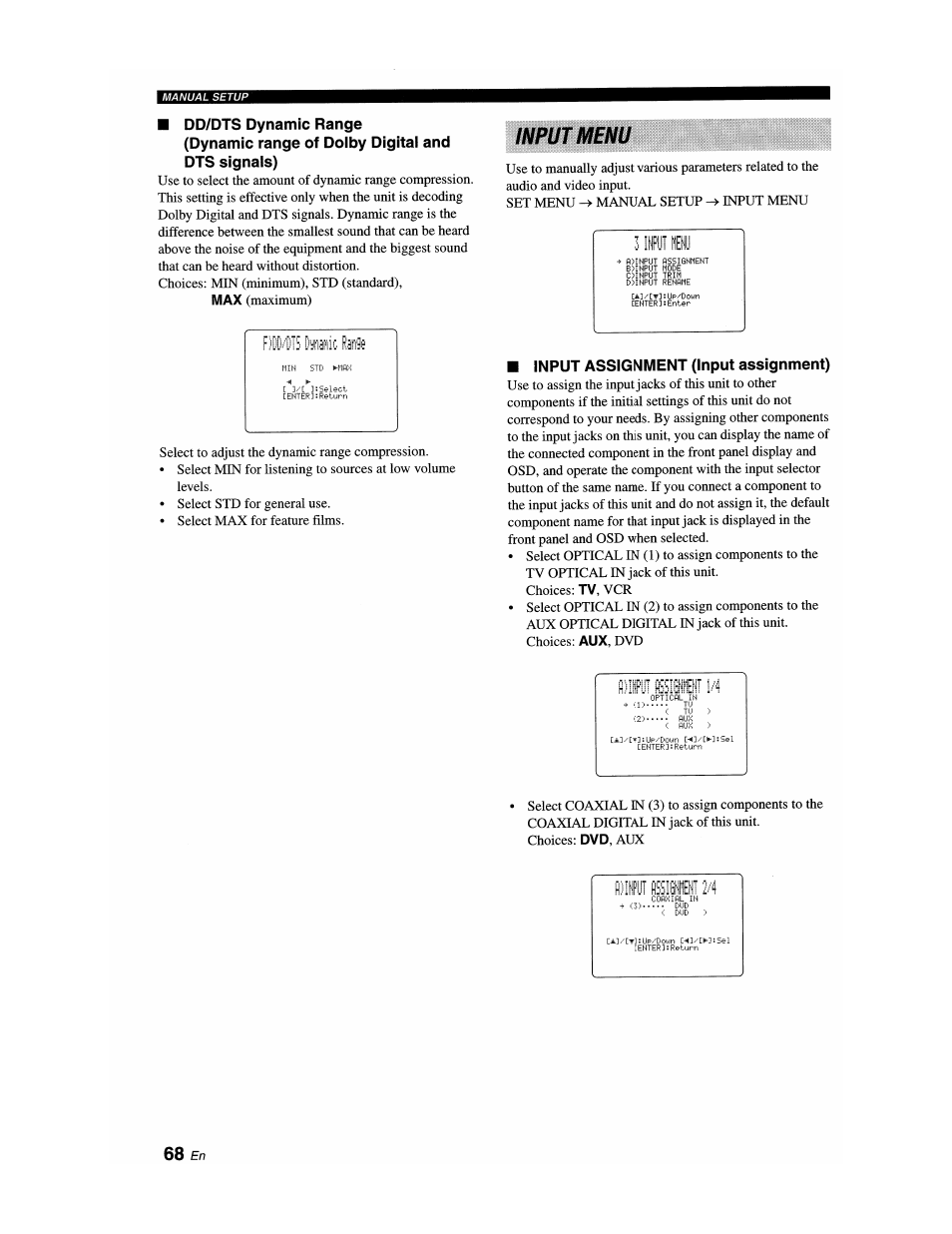 Dd/dts dynamic range, Dynamic range of doiby digitai and dts signais), Input assignment (input assignment) | Input menu | Yamaha YSP-1100 User Manual | Page 72 / 104