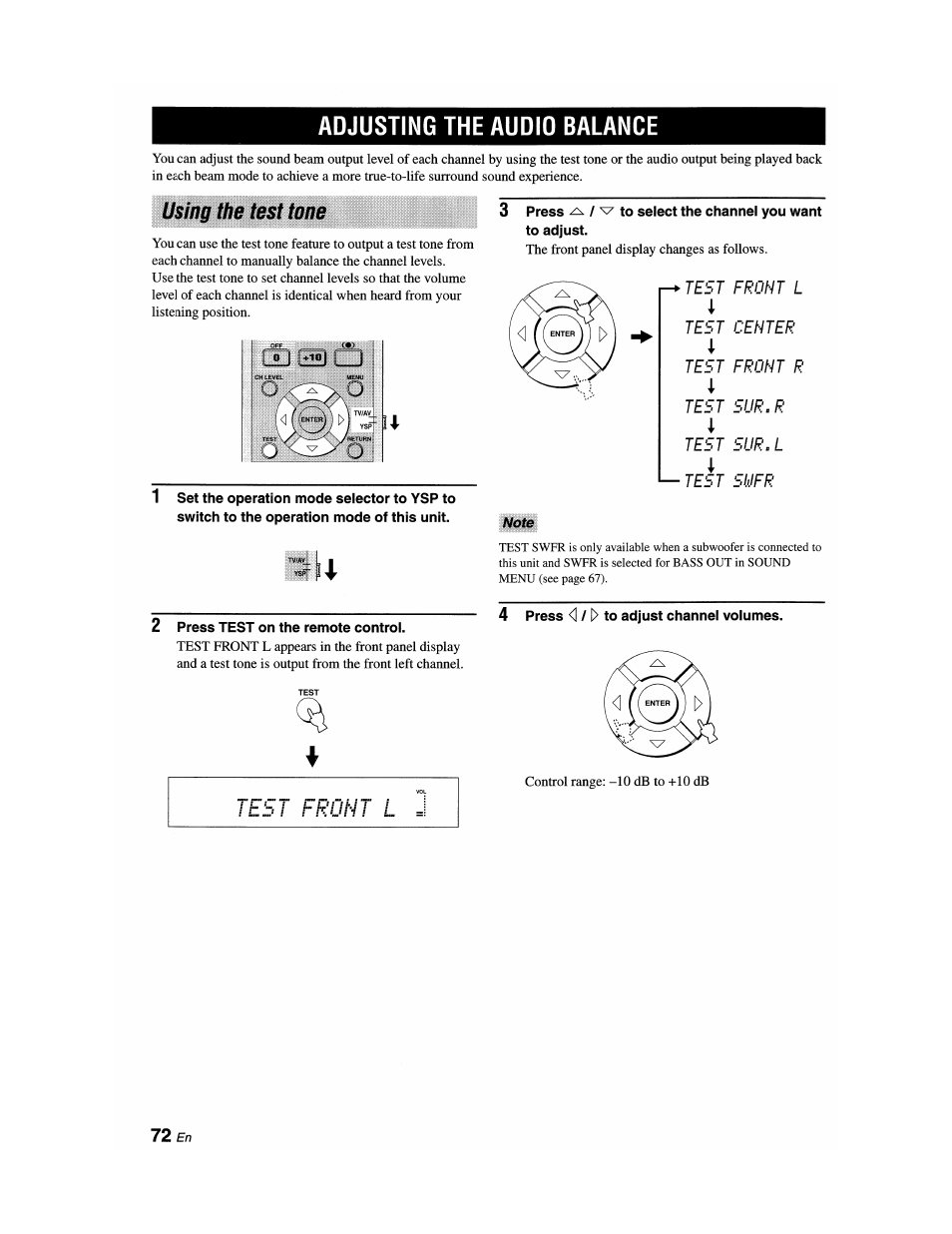 Adjusting the audio balance, Using the test tone, 2 press test on the remote control | 4 press <| / [> to adjust channel volumes, Test from, 72 en | Yamaha YSP-1100 User Manual | Page 76 / 104