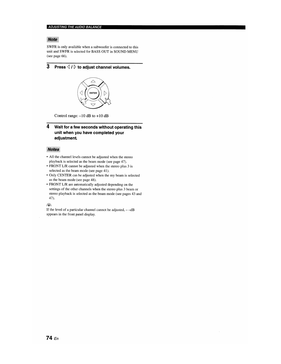 Note, 3 press <1 /1> to adjust channel volumes, Notes | Yamaha YSP-1100 User Manual | Page 78 / 104