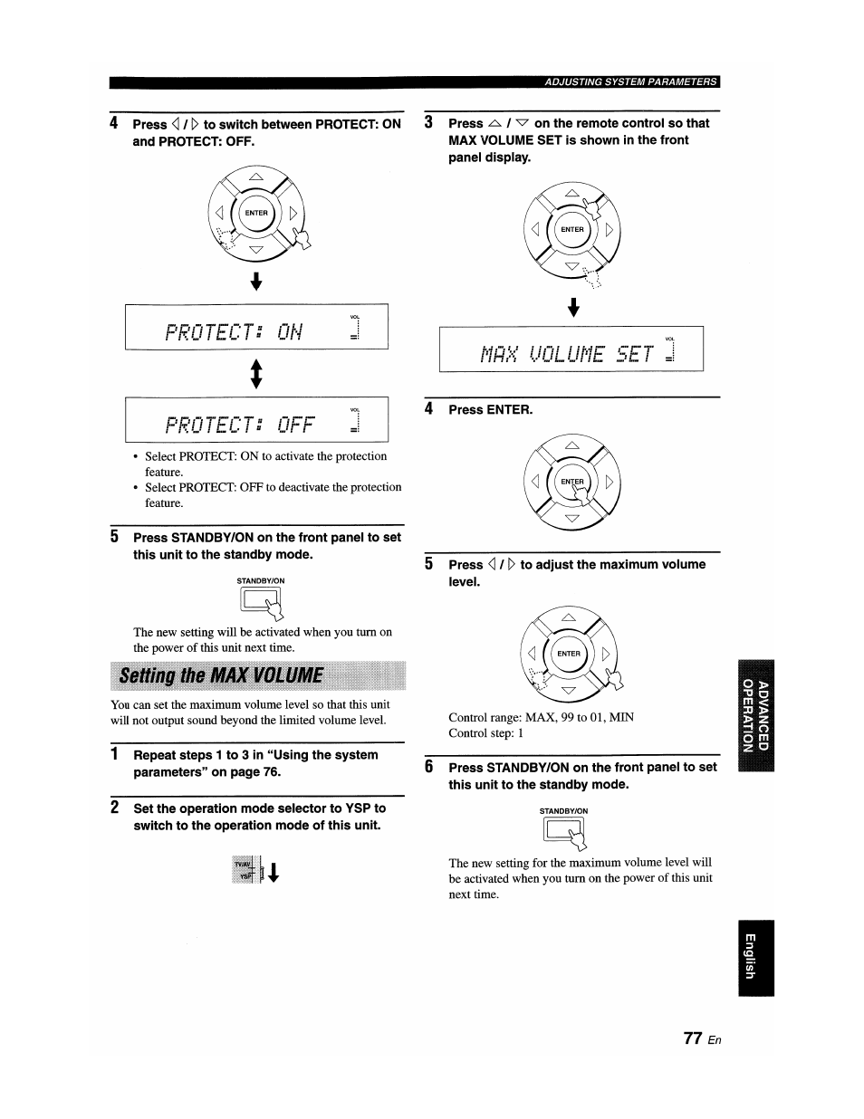 Setting the max volume, Protect: on, Protect: off | Mrn uolune set | Yamaha YSP-1100 User Manual | Page 81 / 104