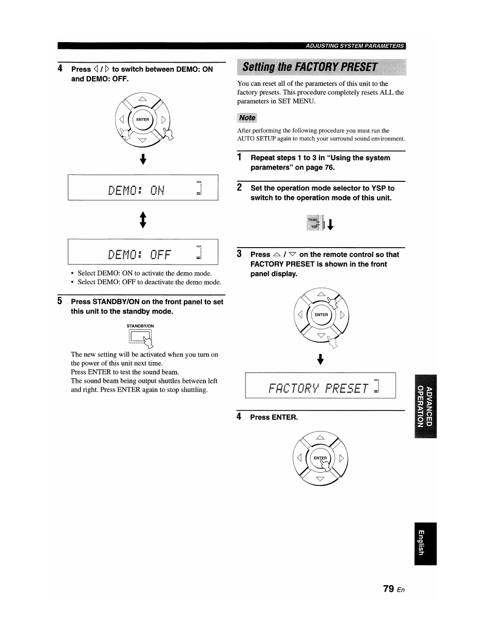 Setting the factory preset, Demos off, Lu^ un | Yamaha YSP-1100 User Manual | Page 83 / 104