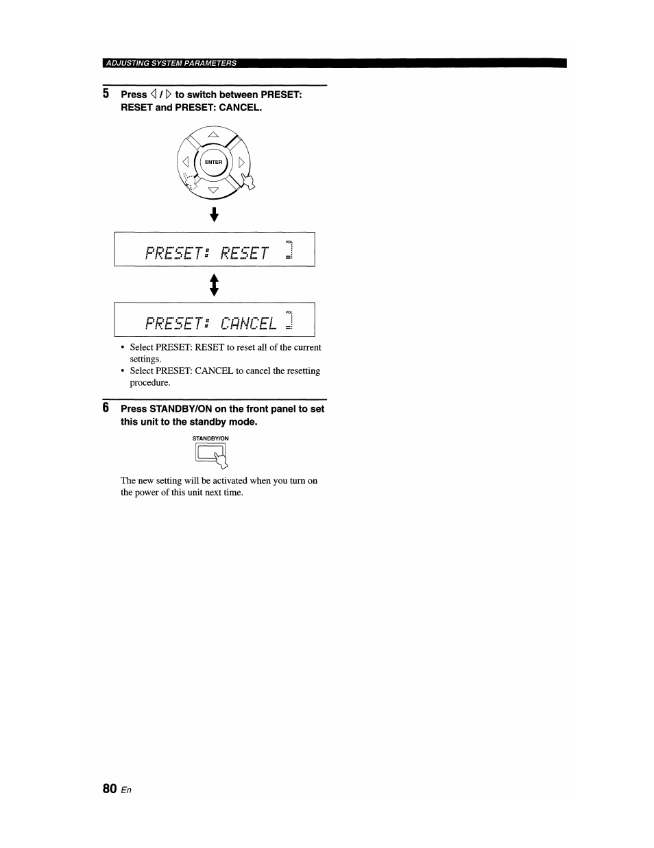 Presets reset, Presets crhcel | Yamaha YSP-1100 User Manual | Page 84 / 104