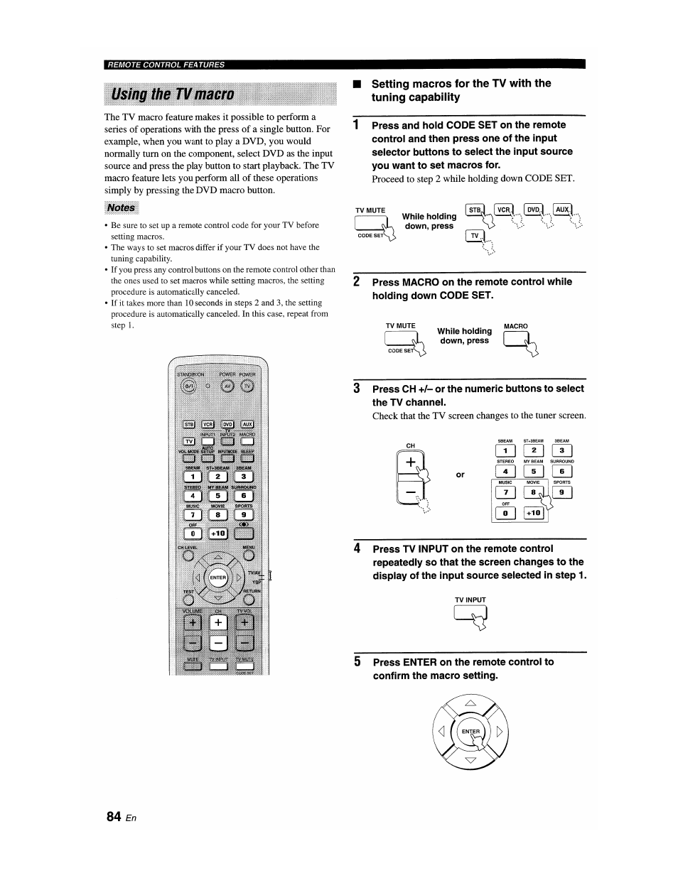 Using the tv macro, Notes | Yamaha YSP-1100 User Manual | Page 88 / 104