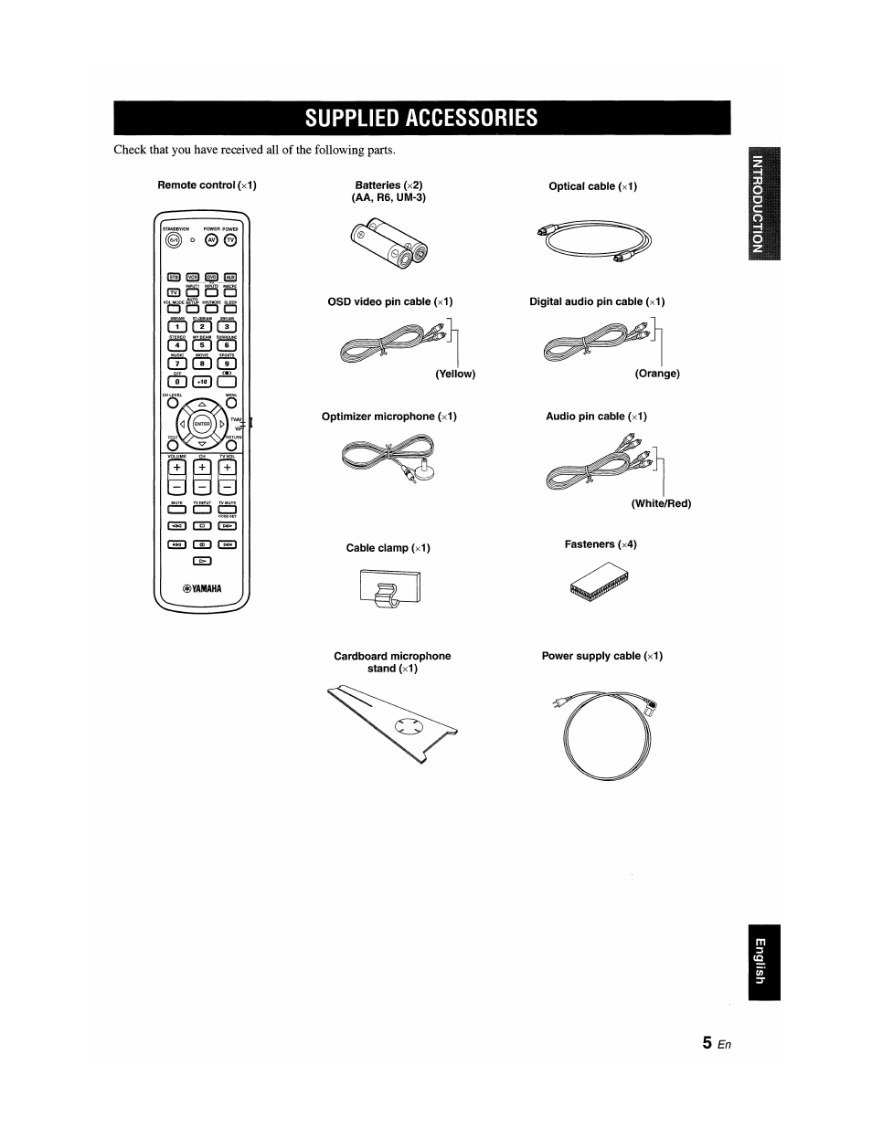 Supplied accessories, Qd cd cd, Cd cd œd | S cd cd, Cd gd cd, L[e) o o o, A a a a | Yamaha YSP-1100 User Manual | Page 9 / 104