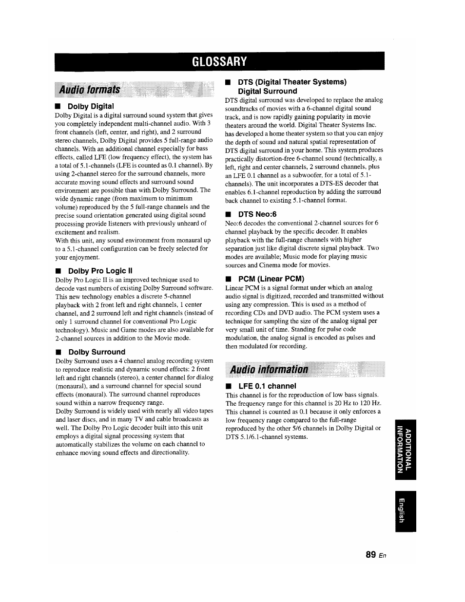 Glossary, Audio formats, Dolby digital | Dolby pro logic ii, Dolby surround, Dts (digital theater systems), Digital surround, Dtsneo:6, Pcm (linear pcm), Audio information | Yamaha YSP-1100 User Manual | Page 93 / 104