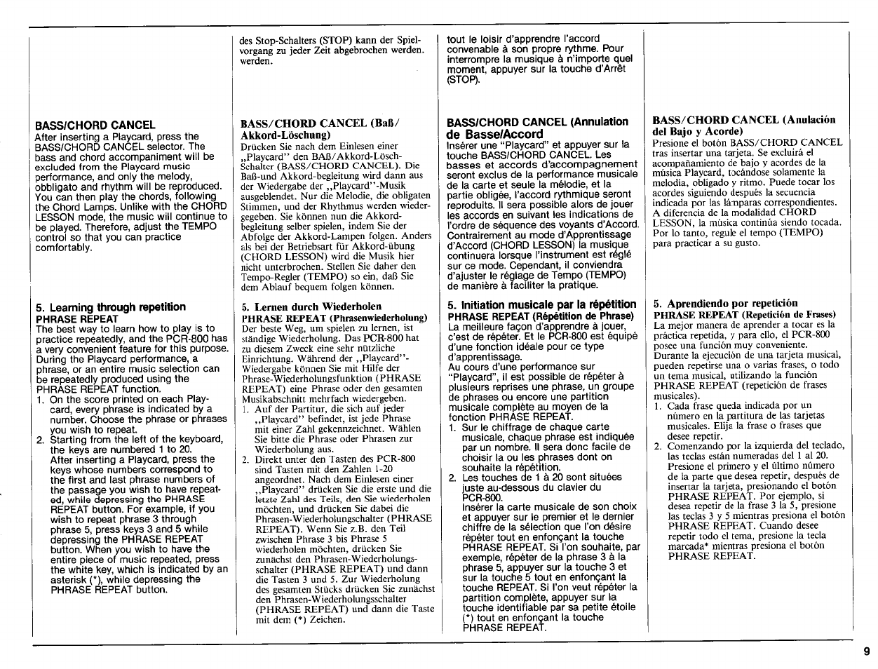 Bass/chord cancel, Learning through repetition phrase repeat, Bass/chord cancel (annulation | De basse/accord | Yamaha Portatone PCR-800 User Manual | Page 11 / 35