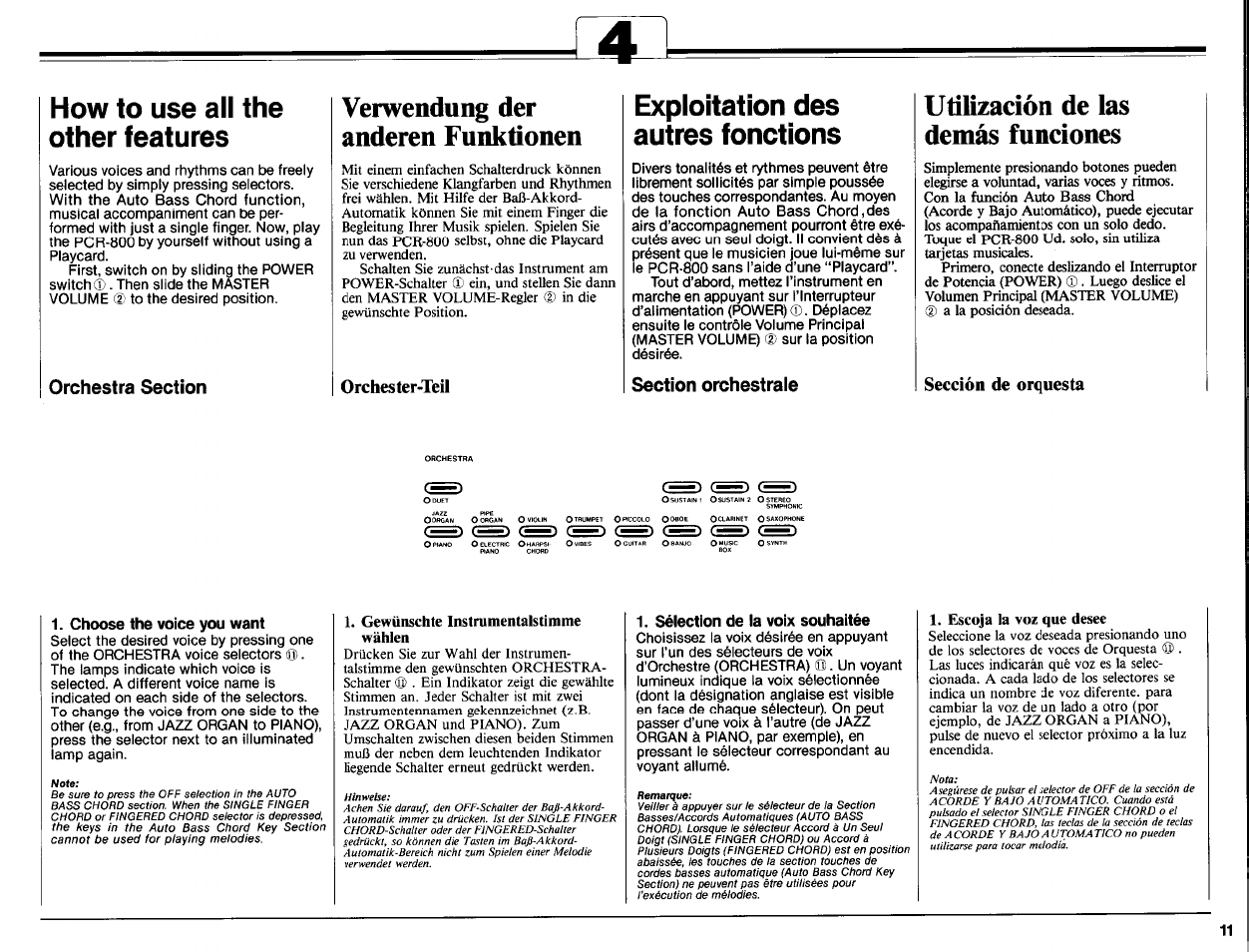 How to use all the other features, Orchestra section, Verwendung der anderen funktionen | Exploitation des autres fonctions, Section orchestrale, Utilización de las demás funciones, Choose the voice you want, Gewünschte instrumentalstimme wählen, Sélection de la voix souhaitée, Escoja la voz que desee | Yamaha Portatone PCR-800 User Manual | Page 13 / 35