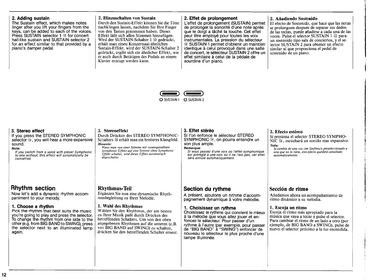 Adding sustain, Hinzuschalten von sustain, Effet de prolongement | Añadiendo sostenido | Yamaha Portatone PCR-800 User Manual | Page 14 / 35