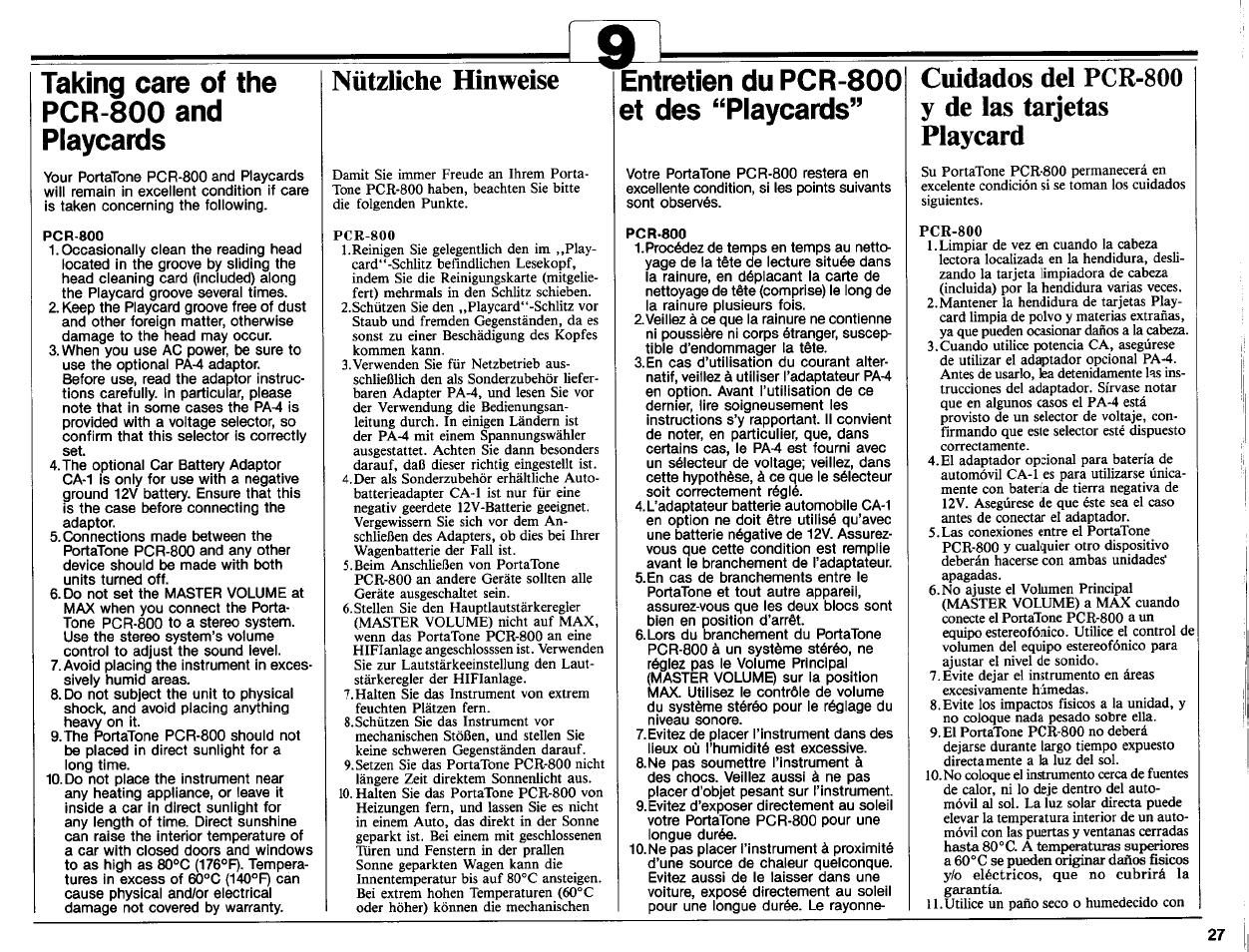 Taking care of the pcr-800 and playcards, Nützliche hinweise, Entretien du pcr-800 et des “playcards | Cuidados del pcr-800 y de las tarjetas playcard | Yamaha Portatone PCR-800 User Manual | Page 29 / 35