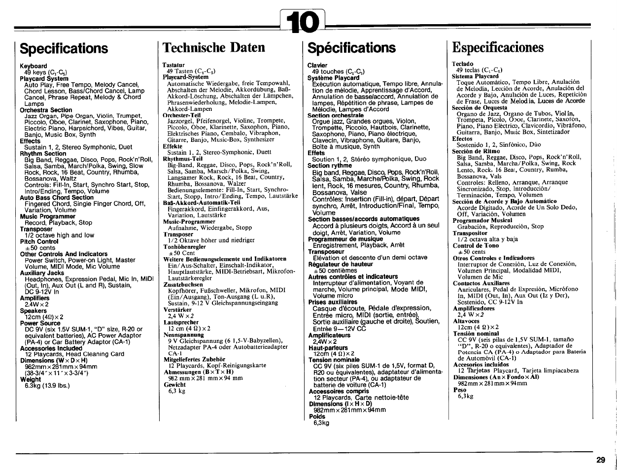 Specifications, Technische daten, Spécifications | Especificaciones | Yamaha Portatone PCR-800 User Manual | Page 31 / 35