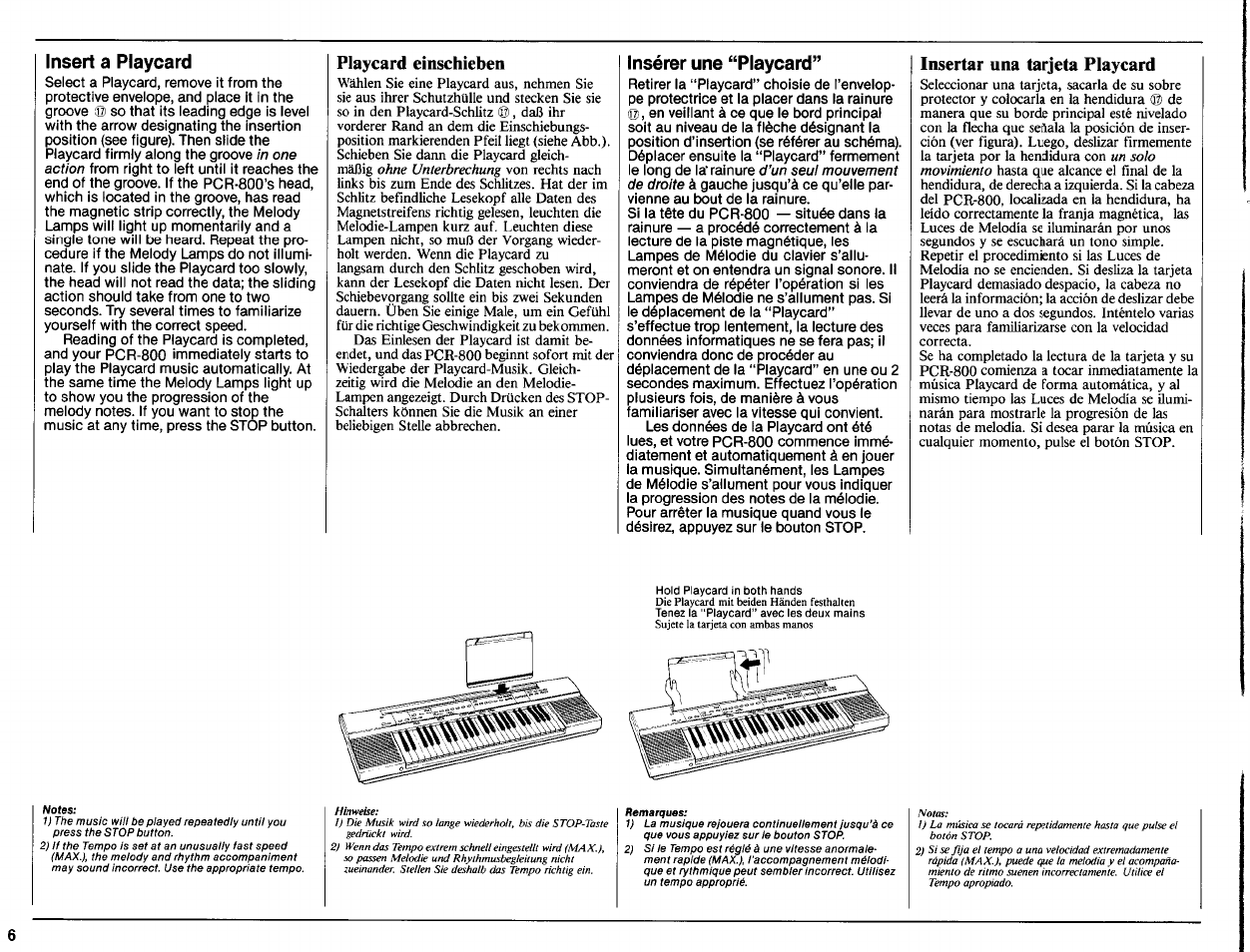 Insert a playcard, Playcard eínschieben, Insérer une “playcard | Insertar una tarjeta playcard | Yamaha Portatone PCR-800 User Manual | Page 8 / 35