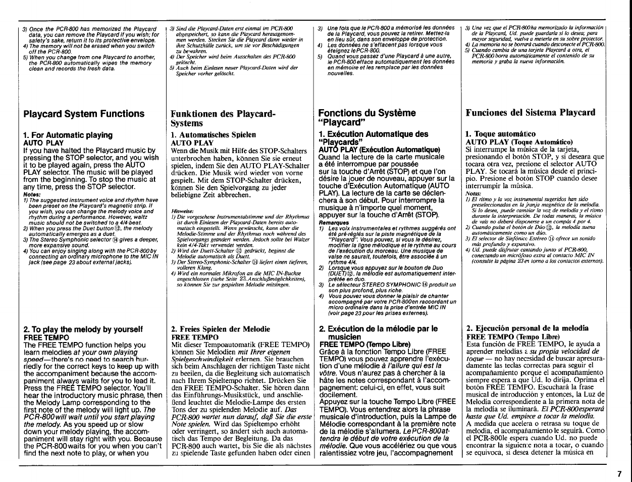 Playcard system functions, For automatic playing, Auto play | To play the melody by yourself, Free tempo, Automatisches spielen auto play, Freies spielen der melodie free tempo, Fonctions du système “playcard, Exécution automatique des ‘*pldyc8ftis, Exécution de ia mélodie par le musicien | Yamaha Portatone PCR-800 User Manual | Page 9 / 35