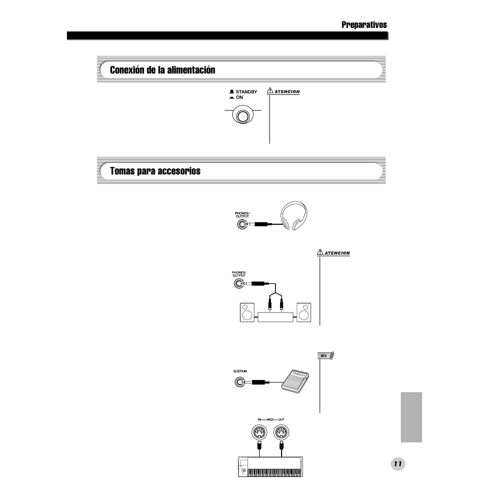 Conexión de la alimentación, Tomas para accesorios, Preparativos | Yamaha DGX200 User Manual | Page 11 / 100