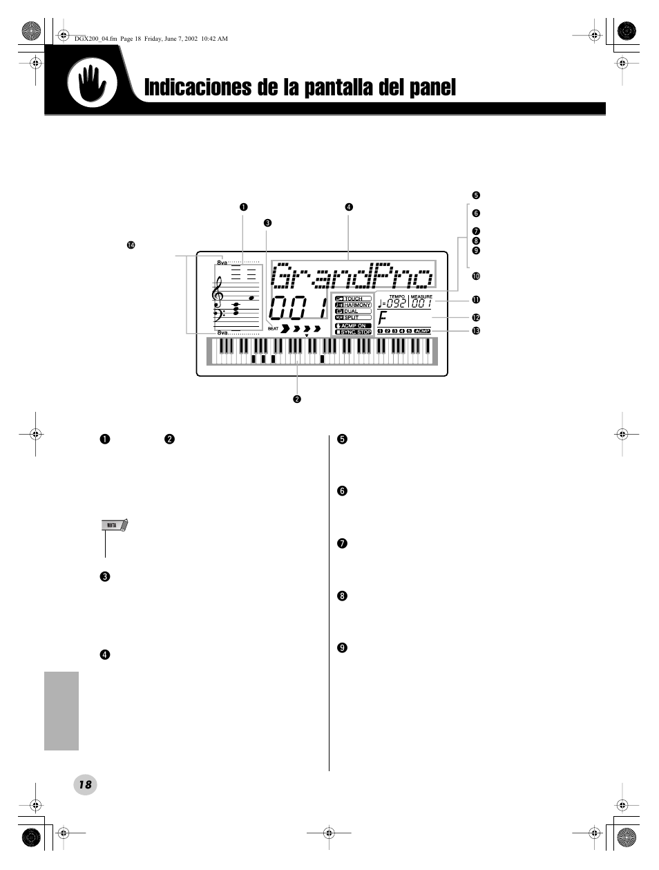 Grandpno, Indicaciones de la pantalla del panel | Yamaha DGX200 User Manual | Page 18 / 100