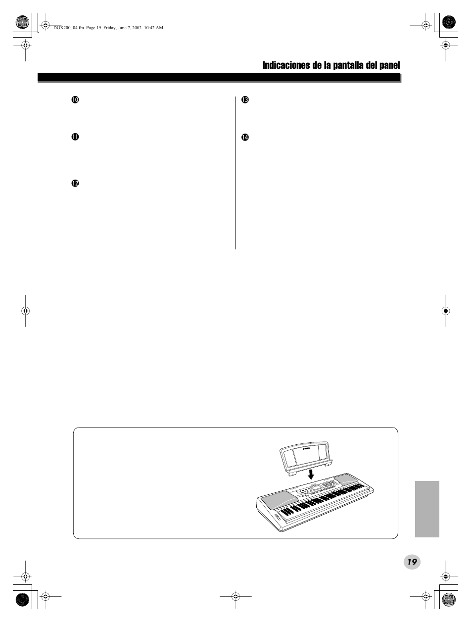 Indicaciones de la pantalla del panel | Yamaha DGX200 User Manual | Page 19 / 100