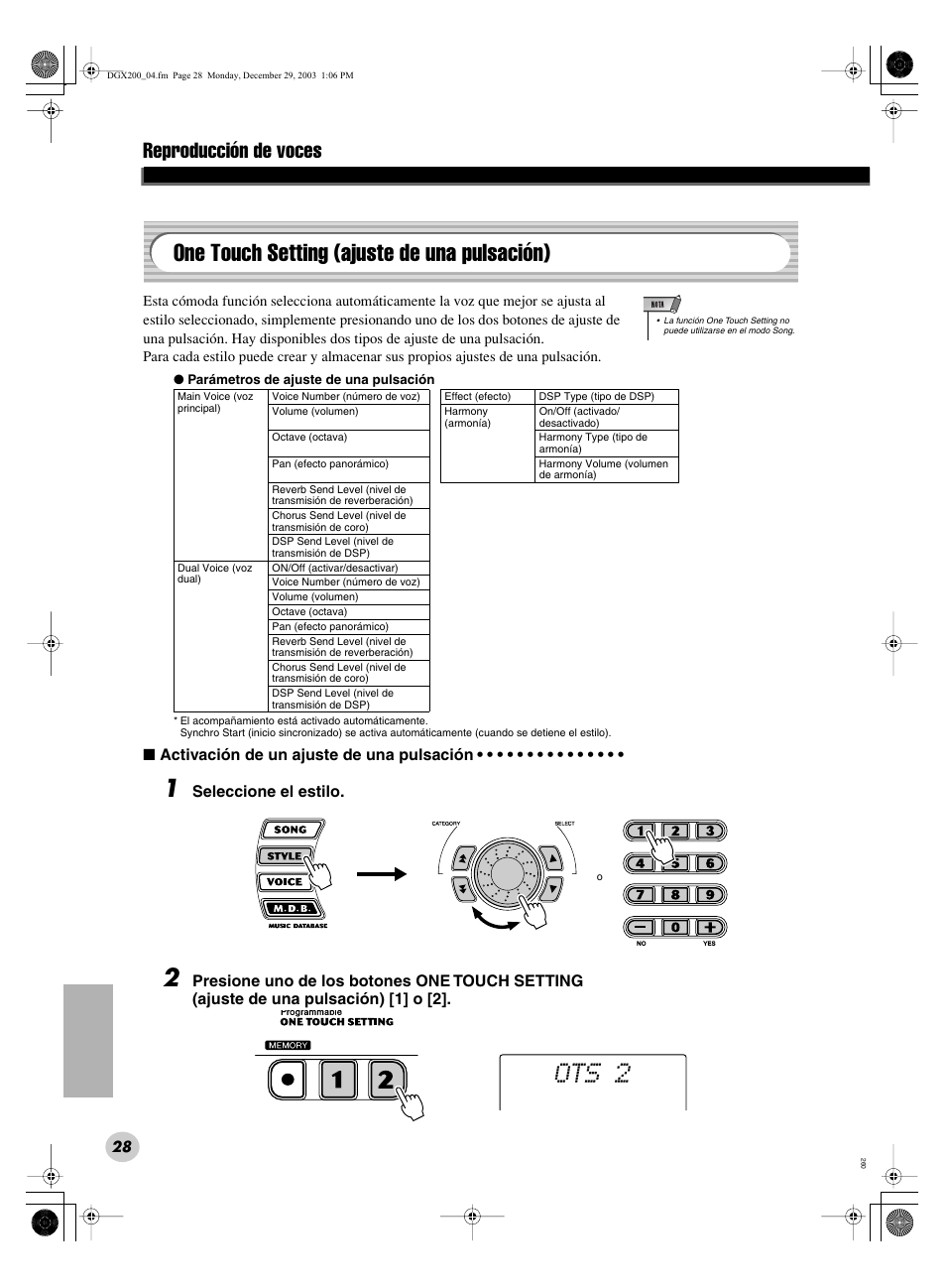 Ots 2, One touch setting (ajuste de una pulsación), Reproducción de voces | Yamaha DGX200 User Manual | Page 28 / 100