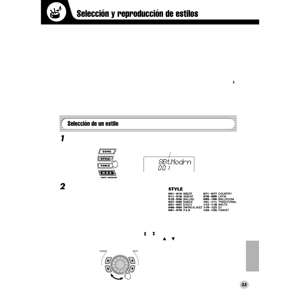 Selección y reproducción de estilos, Selección de un estilo, 8btmodrn | Yamaha DGX200 User Manual | Page 35 / 100