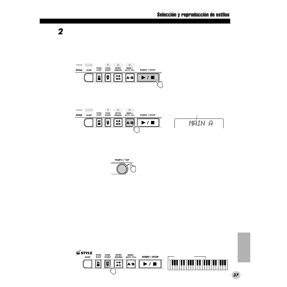 Gina 37), Main a, Selección y reproducción de estilos | Yamaha DGX200 User Manual | Page 37 / 100