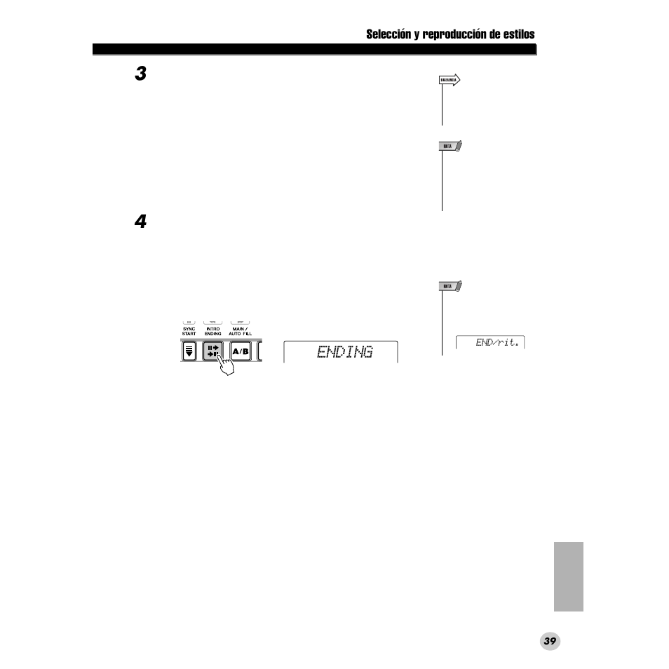 Ending, Selección y reproducción de estilos | Yamaha DGX200 User Manual | Page 39 / 100