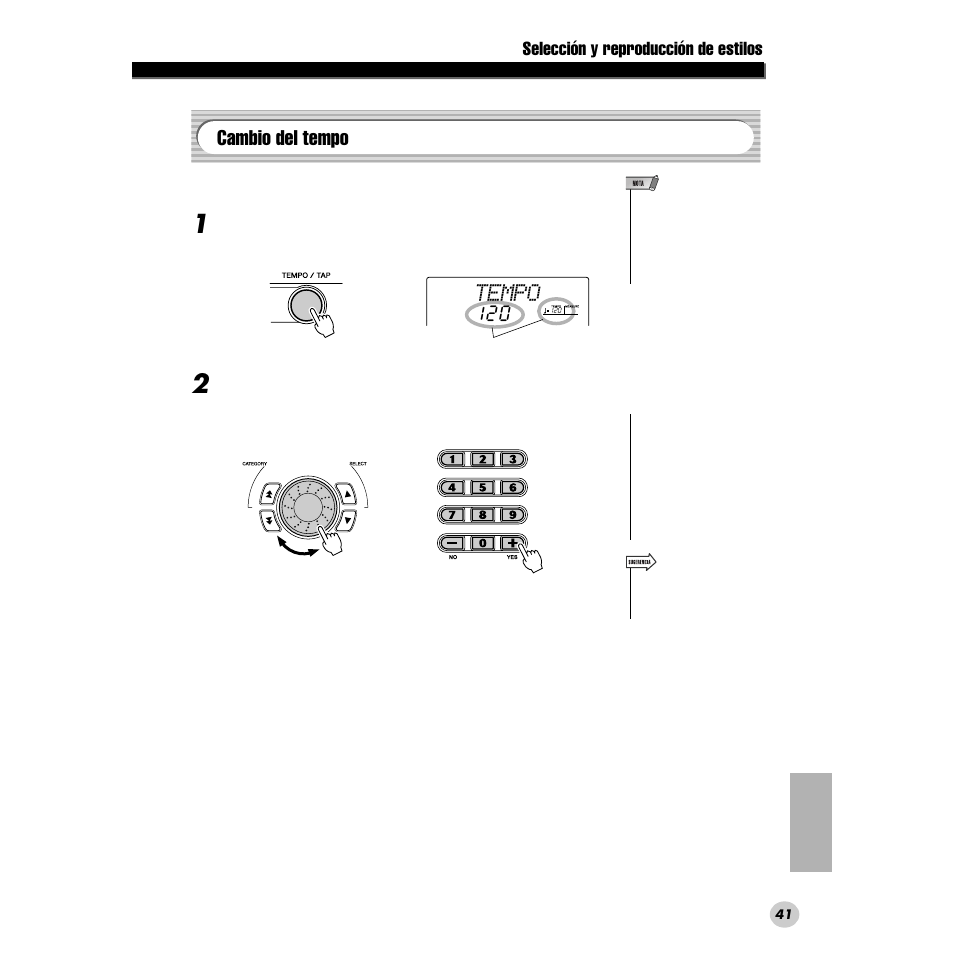 Cambio del tempo, Tempo, Selección y reproducción de estilos | Yamaha DGX200 User Manual | Page 41 / 100
