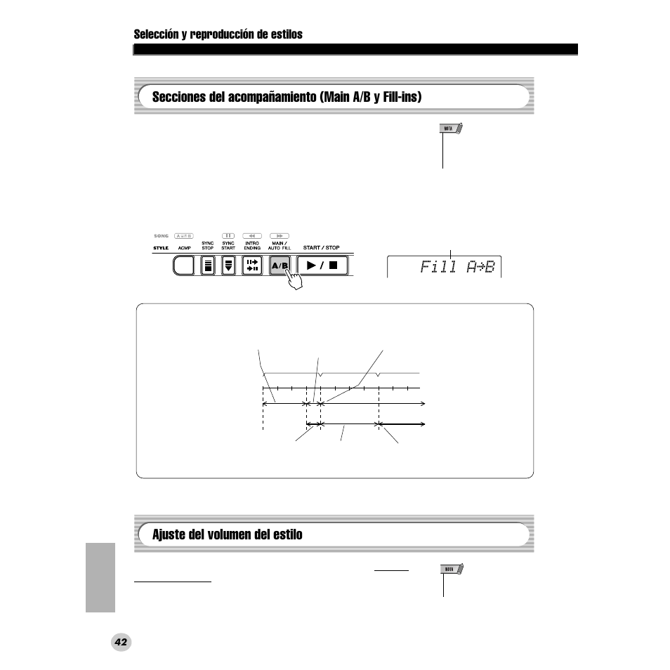 Secciones del acompañamiento (main a/b y fill-ins), Ajuste del volumen del estilo, Secciones del acompañamiento | Main a/b y fill-ins), Gina 42), Fill a≥b, Selección y reproducción de estilos | Yamaha DGX200 User Manual | Page 42 / 100