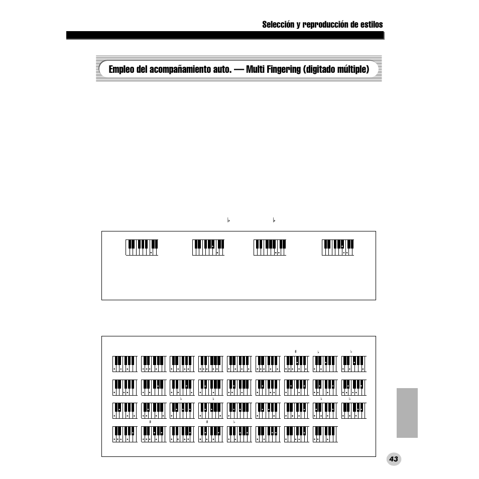 Empleo del acompañamiento auto, Multi fingering (digitado múltiple), Selección y reproducción de estilos | Acordes con un solo dedo, Acordes digitados, Ejemplo para acordes de c | Yamaha DGX200 User Manual | Page 43 / 100