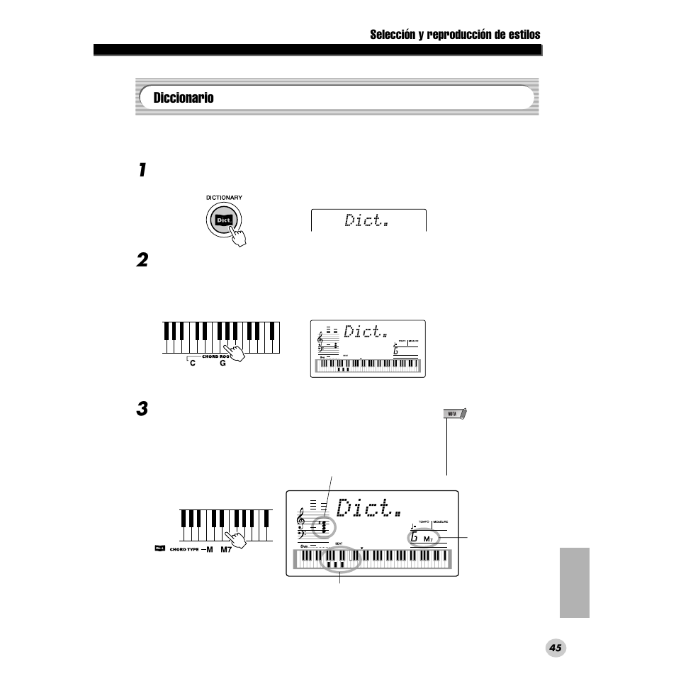 Diccionario, Dict, Selección y reproducción de estilos | Yamaha DGX200 User Manual | Page 45 / 100
