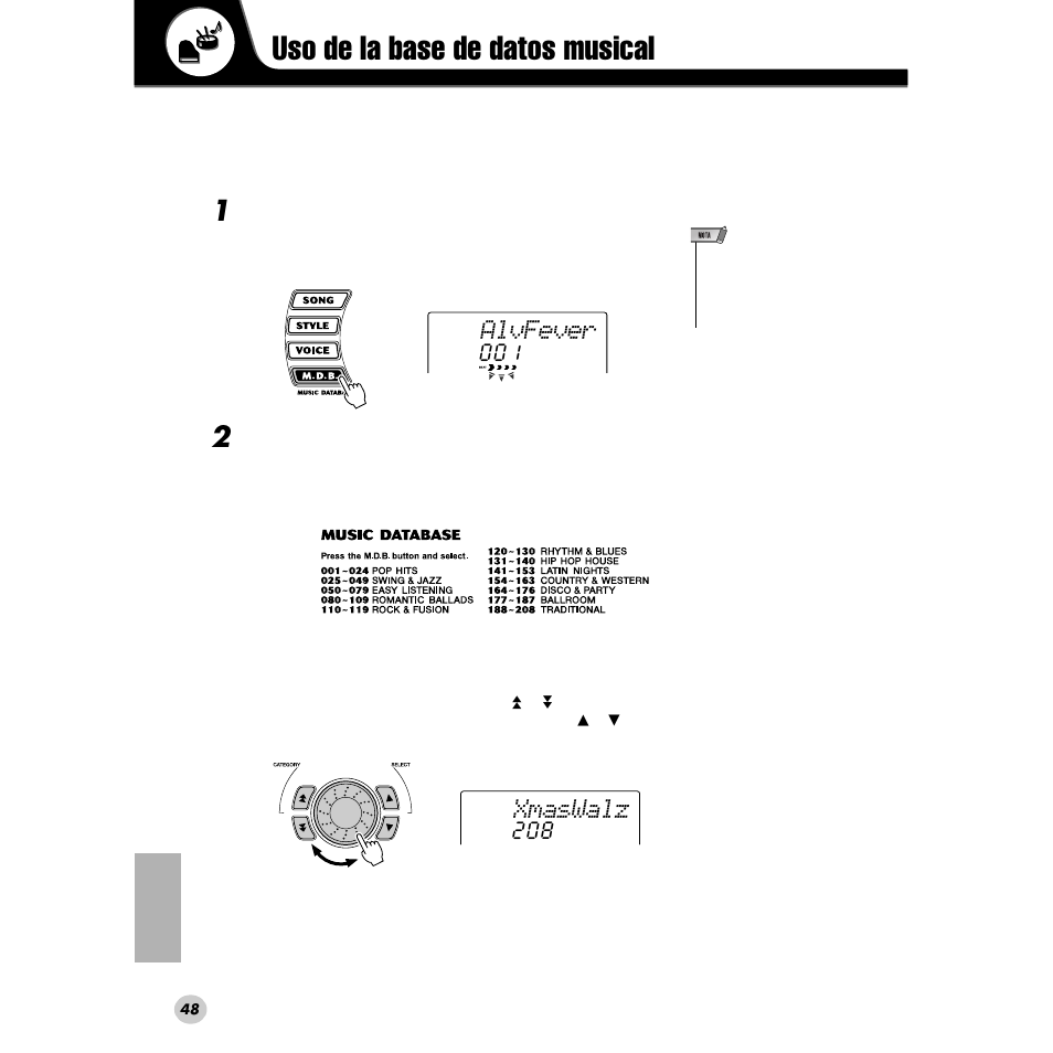 Uso de la base de datos musical, Alvfever, Xmaswalz | Yamaha DGX200 User Manual | Page 48 / 100