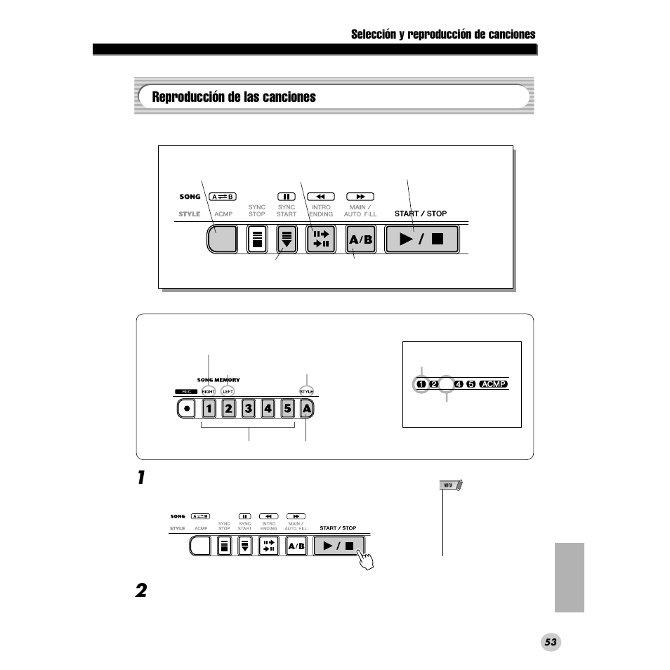 Reproducción de las canciones, Selección y reproducción de canciones | Yamaha DGX200 User Manual | Page 53 / 100