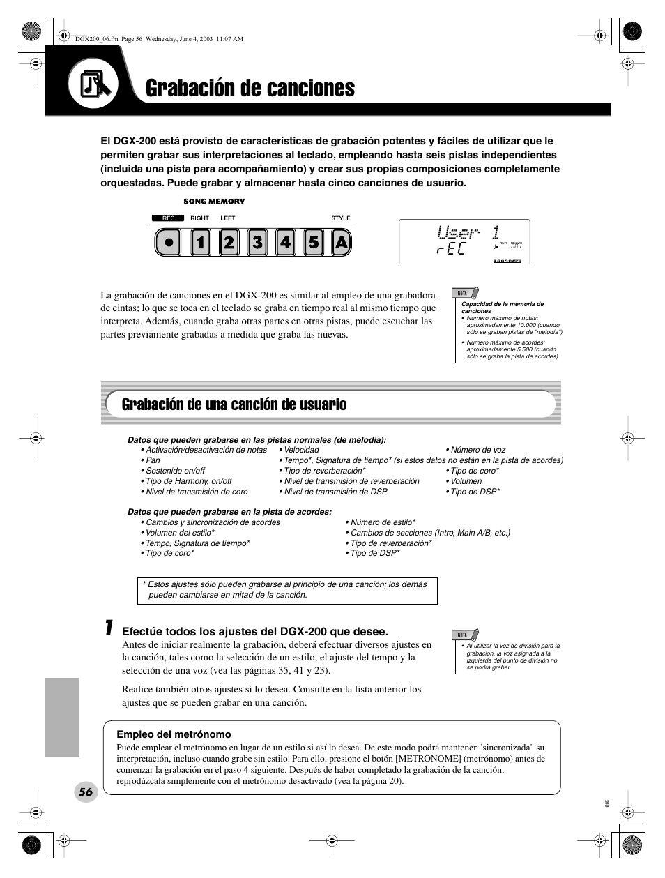 Grabación de canciones, User 1, Grabación de una canción de usuario | Yamaha DGX200 User Manual | Page 56 / 100