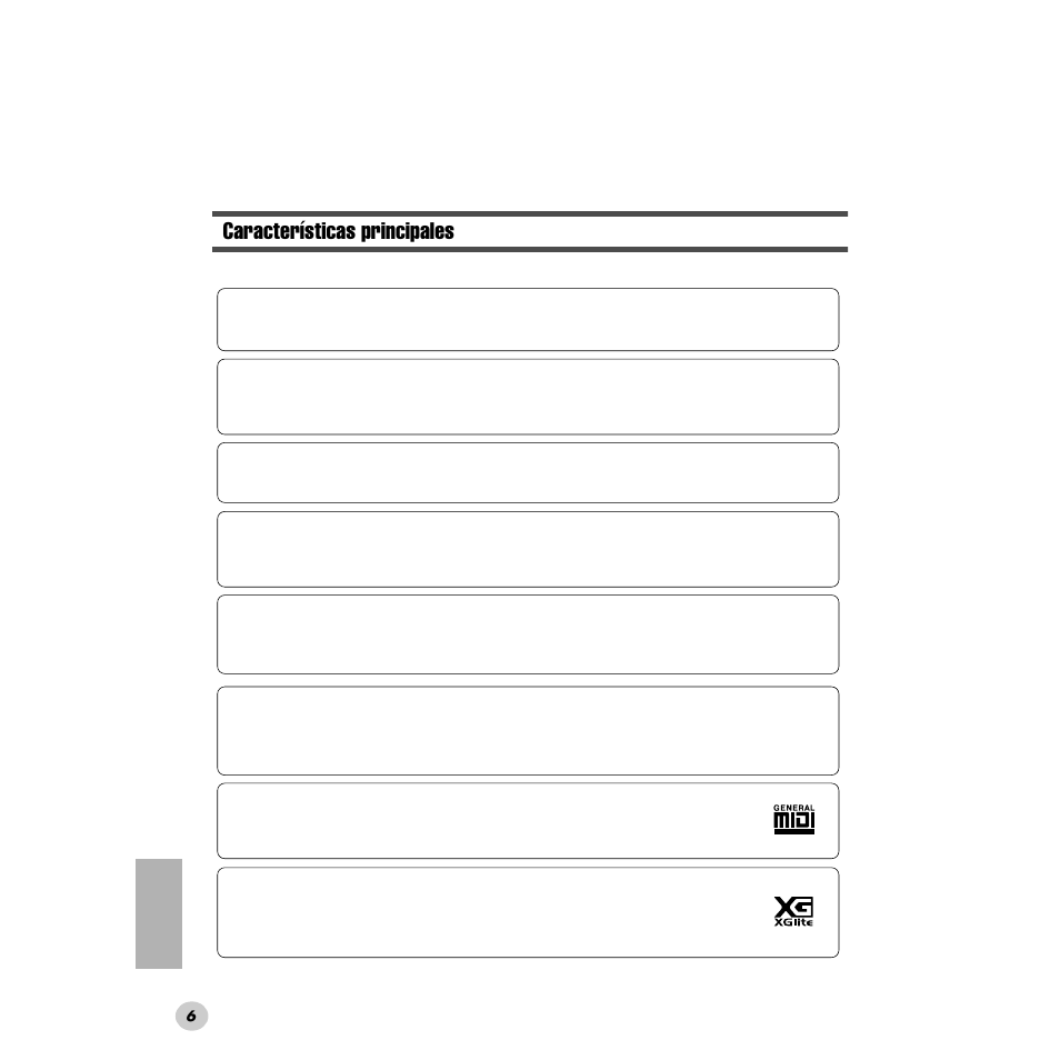Características principales | Yamaha DGX200 User Manual | Page 6 / 100