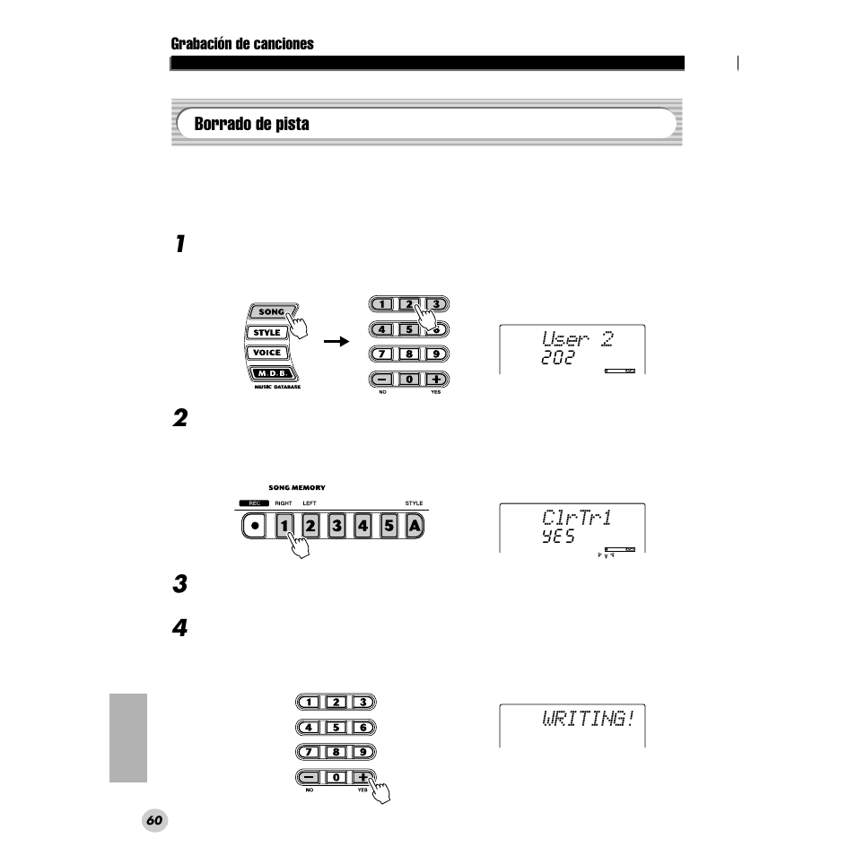 Borrado de pista, User 2, Clrtr1 writing | Yamaha DGX200 User Manual | Page 60 / 100