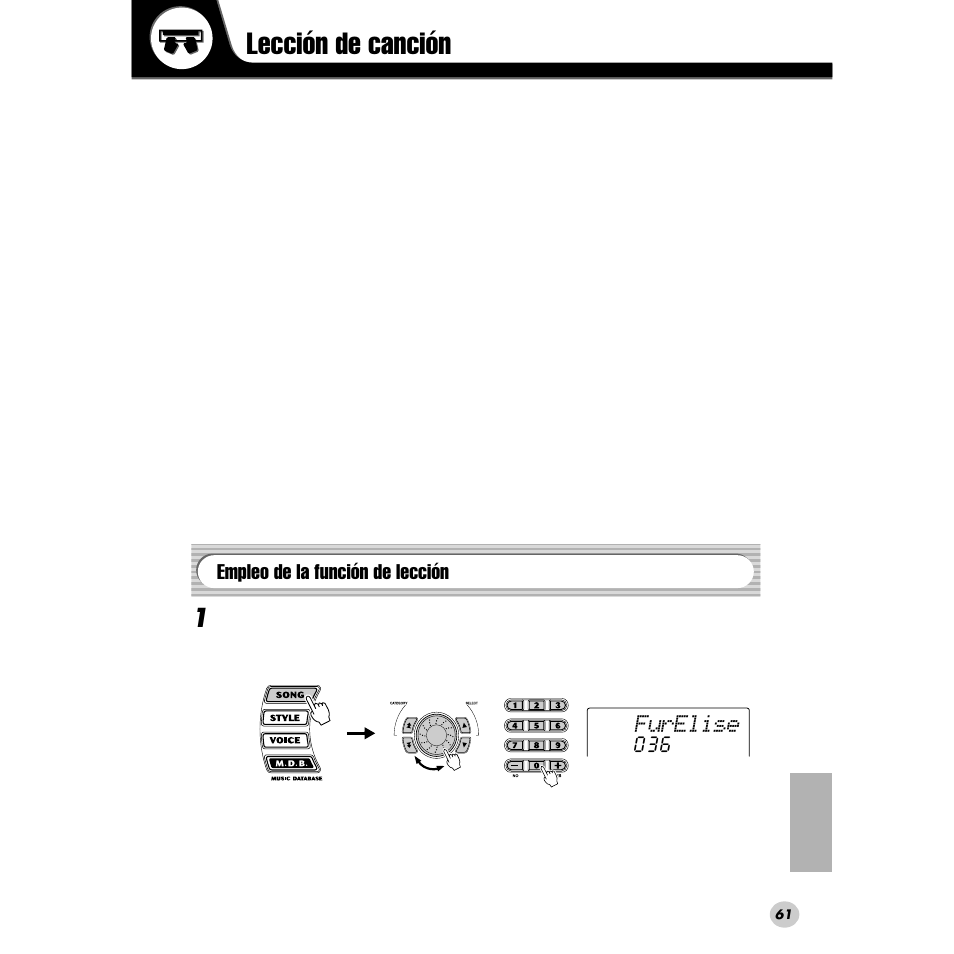 Lección de canción, Empleo de la función de lección, Furelise | Yamaha DGX200 User Manual | Page 61 / 100