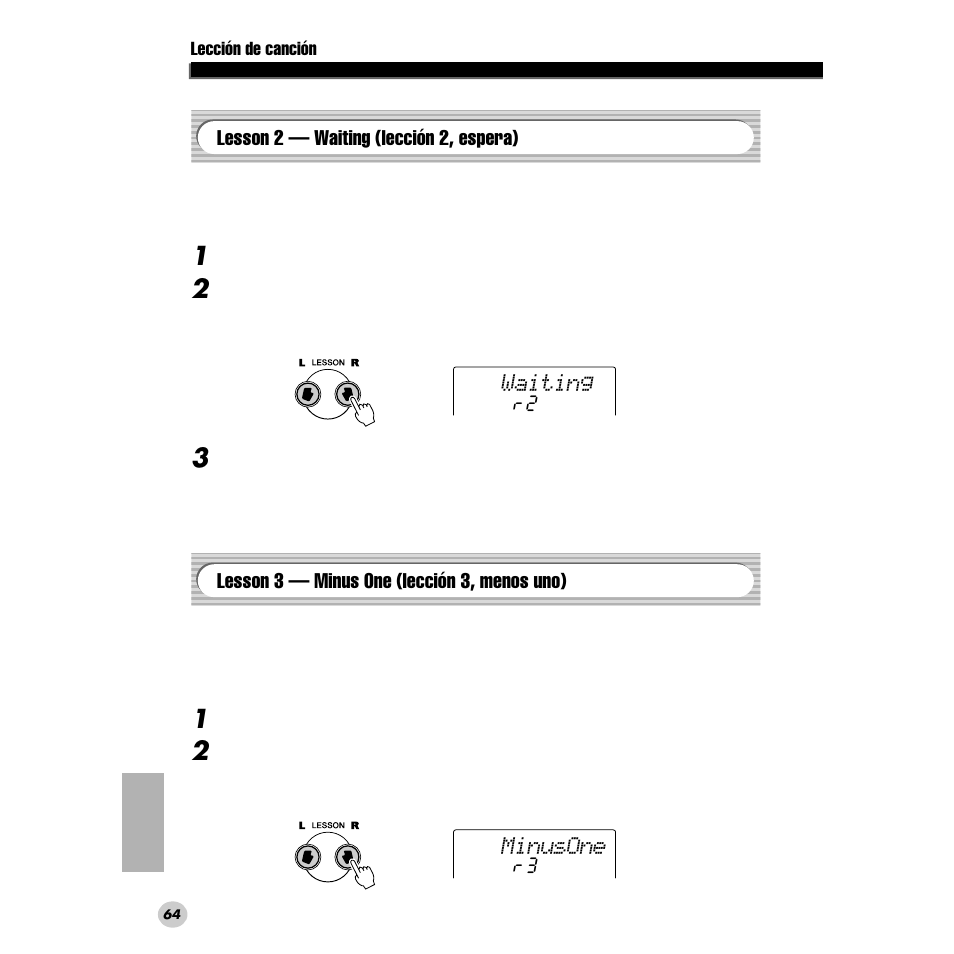 Lesson 2 — waiting (lección 2, espera), Lesson 3 — minus one (lección 3, menos uno), Waiting | Minusone | Yamaha DGX200 User Manual | Page 64 / 100