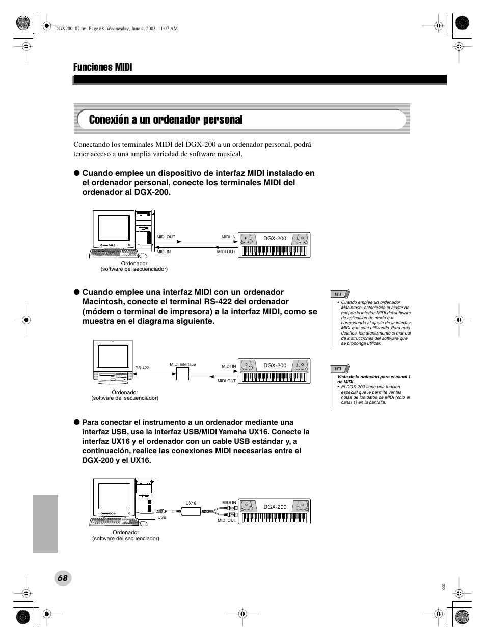 Grabación de canciones, Grabación de una canción de usuario, Conexión a un ordenador personal | Funciones midi | Yamaha DGX200 User Manual | Page 68 / 100