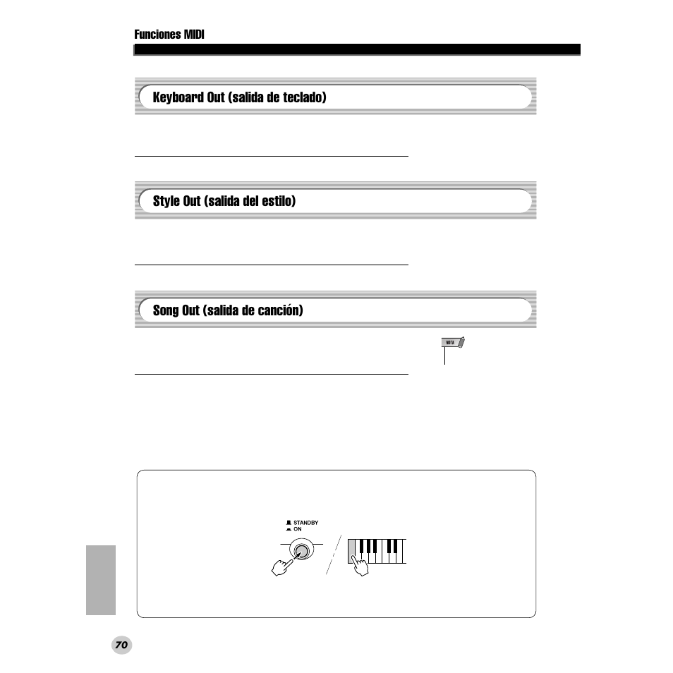 Keyboard out (salida de teclado), Style out (salida del estilo), Song out (salida de canción) | Funciones midi | Yamaha DGX200 User Manual | Page 70 / 100