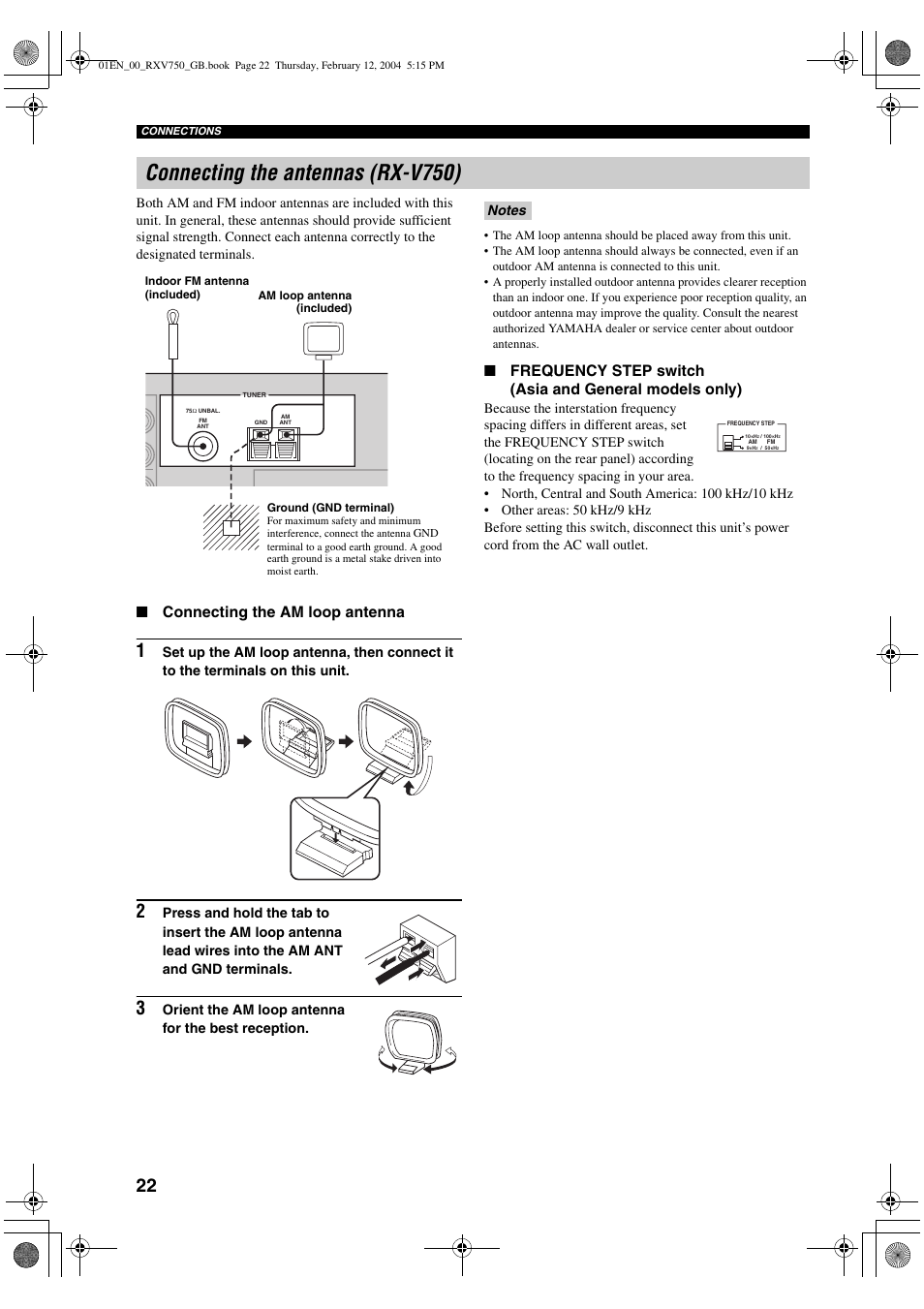 Connecting the antennas (rx-v750), Connecting the am loop antenna, Orient the am loop antenna for the best reception | Yamaha DSP-AX750SE User Manual | Page 24 / 91