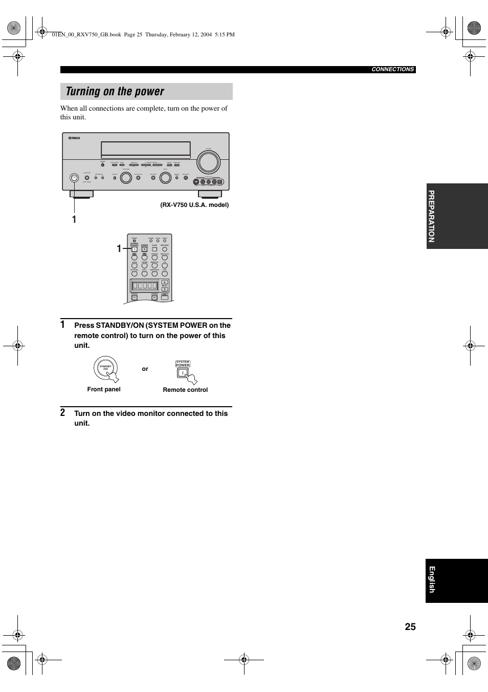 Turning on the power, English, Turn on the video monitor connected to this unit | Yamaha DSP-AX750SE User Manual | Page 27 / 91