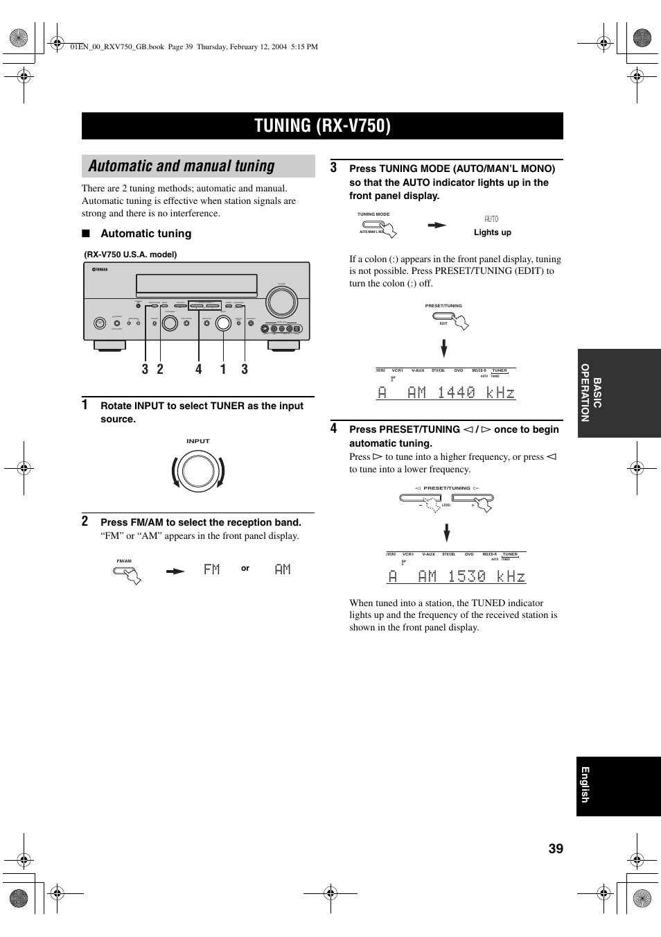 Tuning (rx-v750), Automatic and manual tuning, Am fm | Automatic tuning | Yamaha DSP-AX750SE User Manual | Page 41 / 91