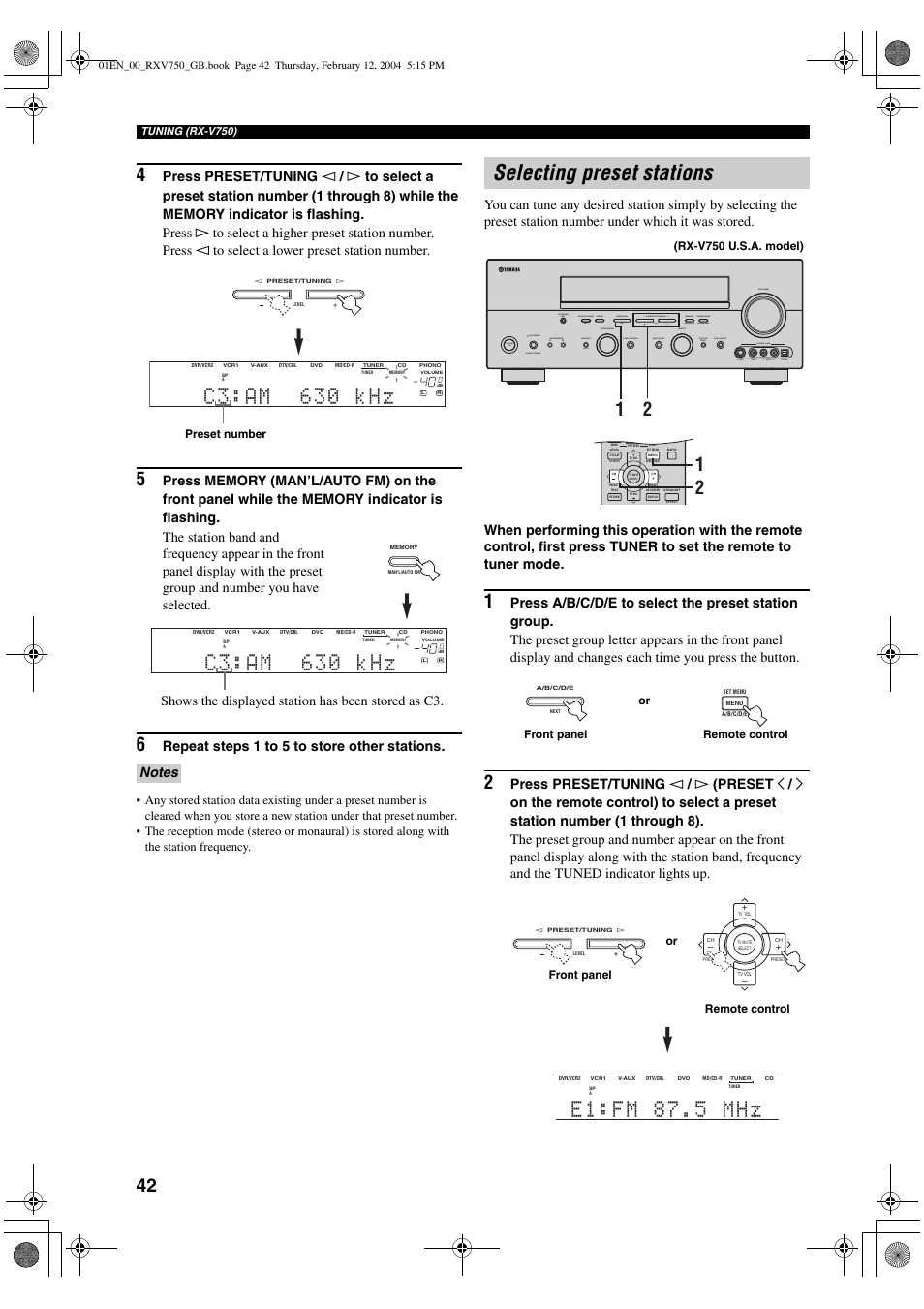 Selecting preset stations, Repeat steps 1 to 5 to store other stations, Shows the displayed station has been stored as c3 | Yamaha DSP-AX750SE User Manual | Page 44 / 91