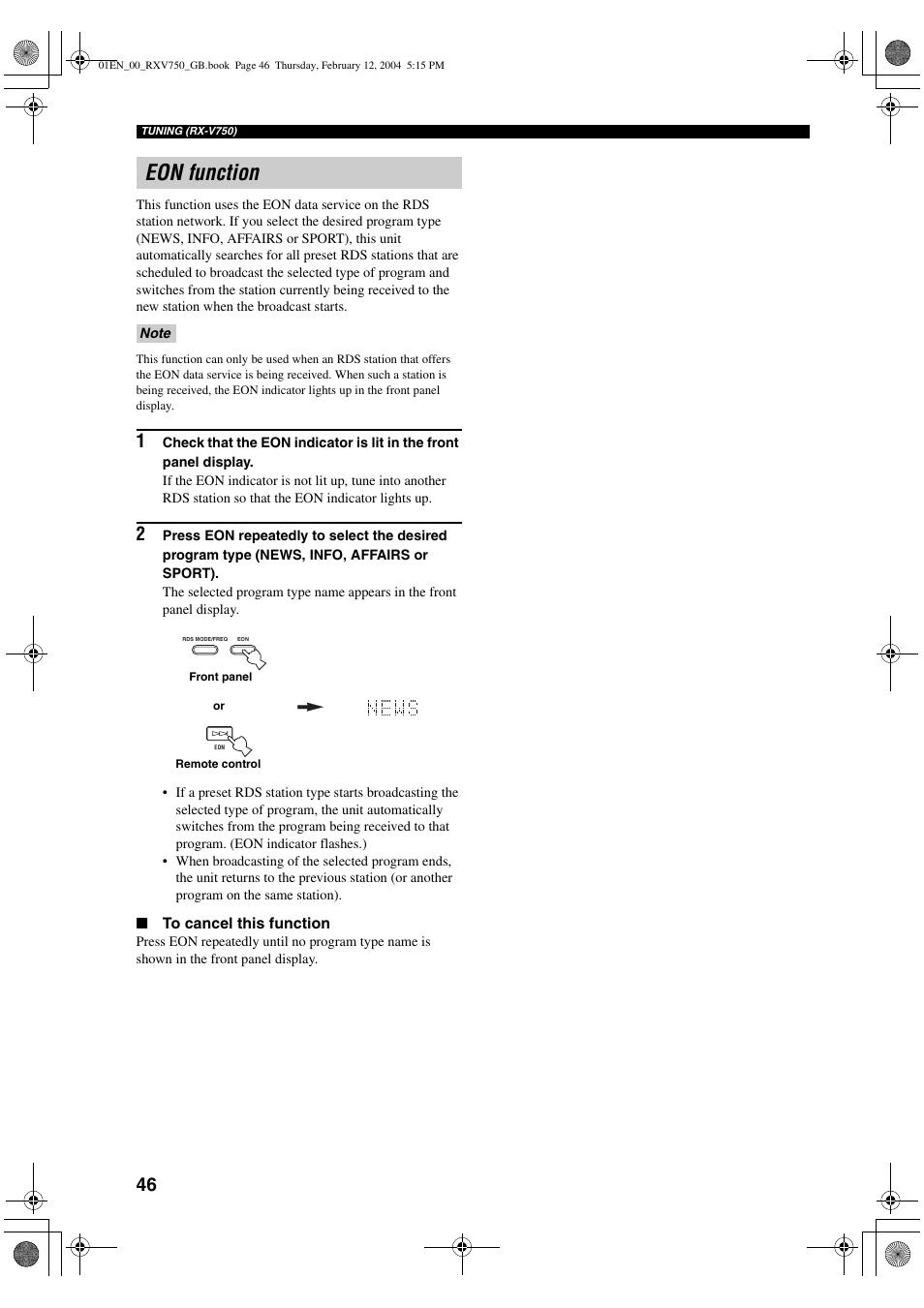 Eon function | Yamaha DSP-AX750SE User Manual | Page 48 / 91