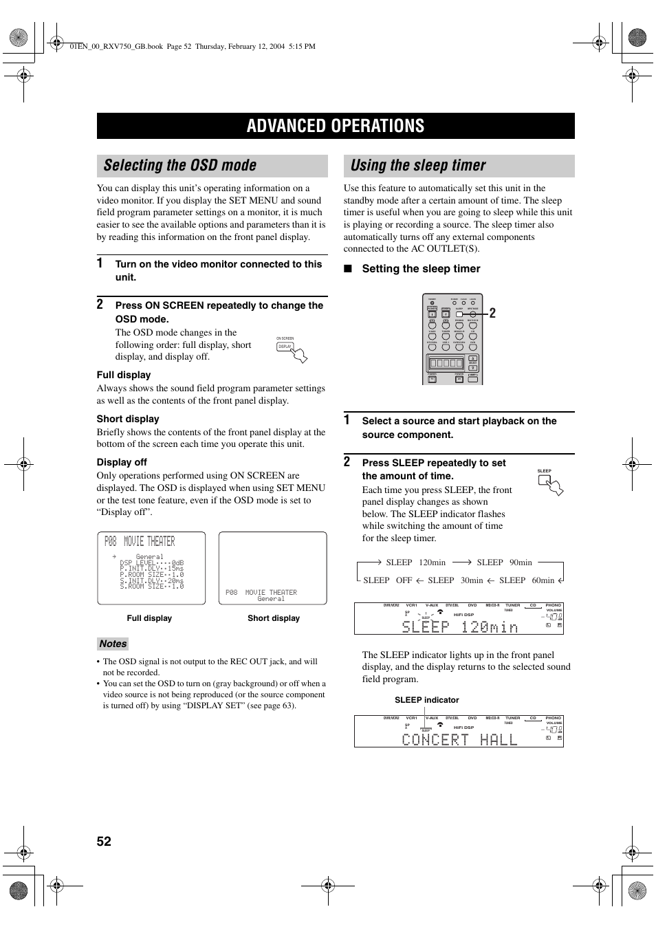 Advanced operations, Selecting the osd mode, Using the sleep timer | P08 movie theater, Setting the sleep timer, Turn on the video monitor connected to this unit, Full display short display, Sleep indicator | Yamaha DSP-AX750SE User Manual | Page 54 / 91