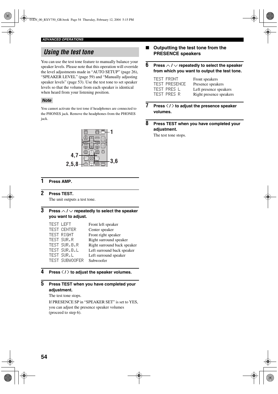 Using the test tone | Yamaha DSP-AX750SE User Manual | Page 56 / 91