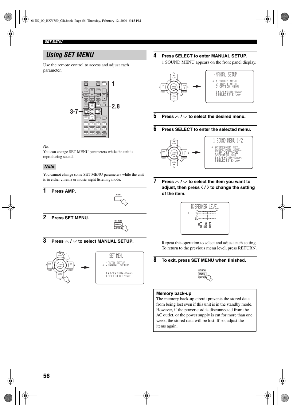 Using set menu, Set menu, Manual setup | 1 sound menu 1/2, B)speaker level, Press amp, Press set menu, Press u / d to select manual setup, Press u / d to select the desired menu, Press select to enter the selected menu | Yamaha DSP-AX750SE User Manual | Page 58 / 91