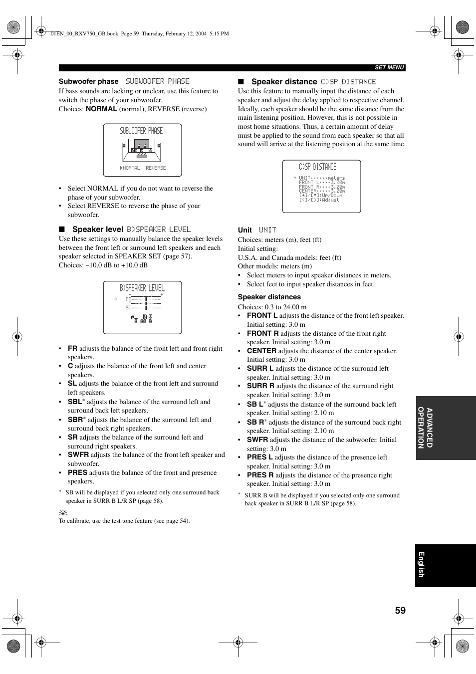 02a subwoofer phase, B)speaker level, C)sp distance | Yamaha DSP-AX750SE User Manual | Page 61 / 91