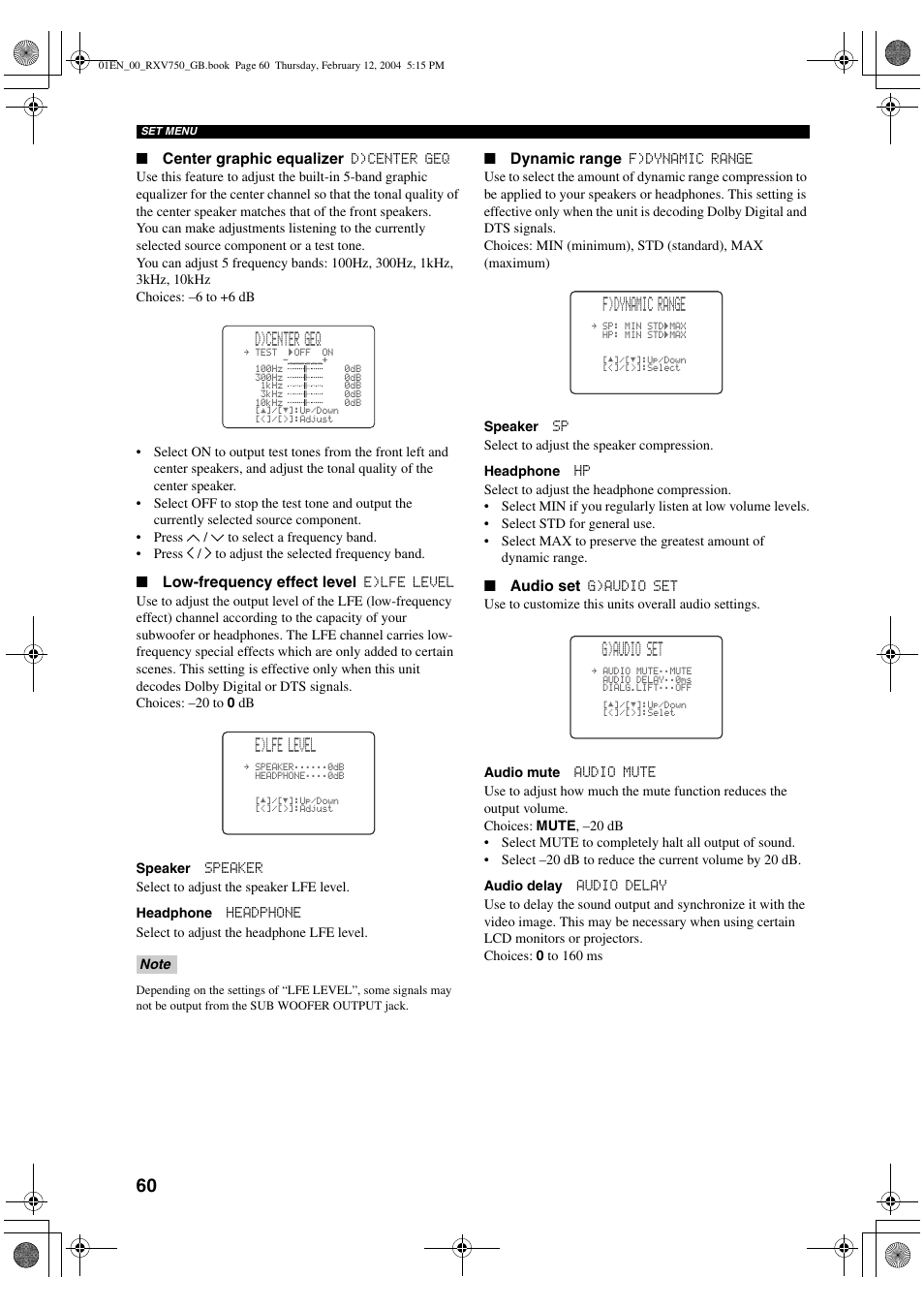 D)center geq, E)lfe level, F)dynamic range | G)audio set | Yamaha DSP-AX750SE User Manual | Page 62 / 91