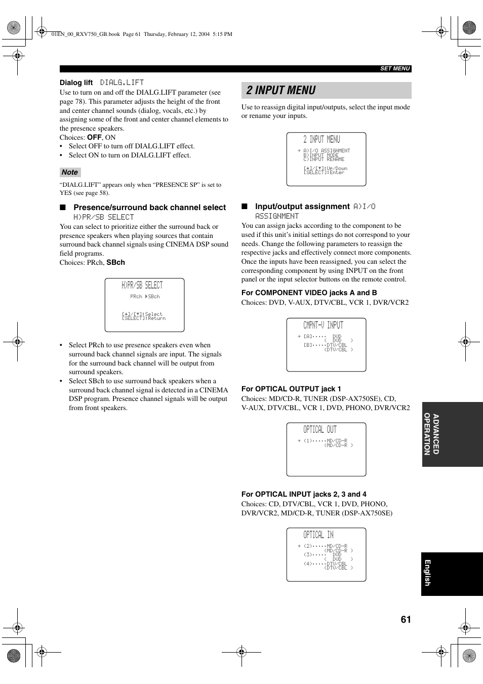 2 input menu, H)pr/sb select, Cmpnt-v input | Optical out, Optical in | Yamaha DSP-AX750SE User Manual | Page 63 / 91