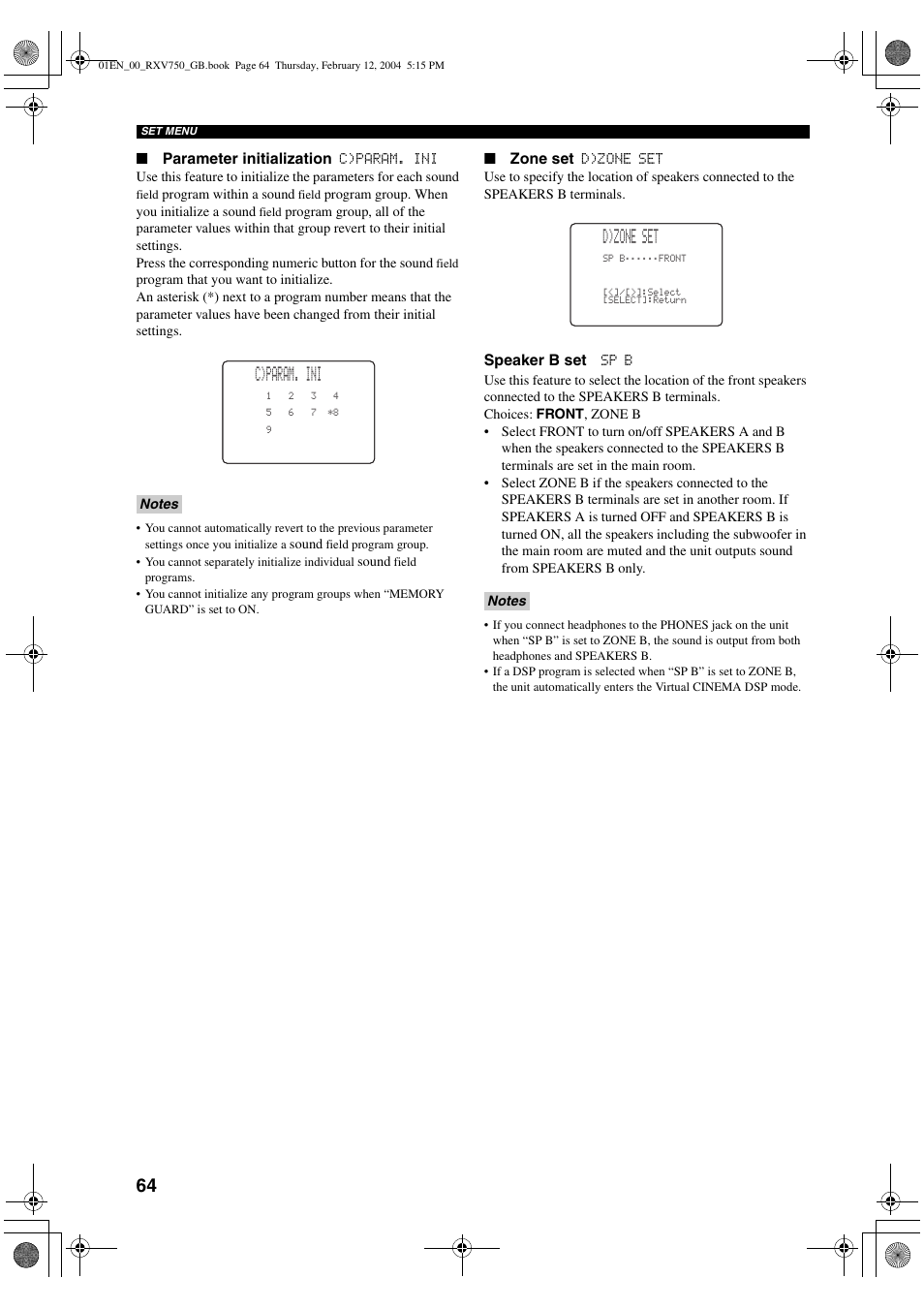 C)param. ini, D)zone set | Yamaha DSP-AX750SE User Manual | Page 66 / 91