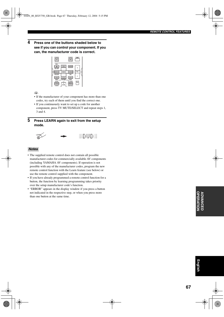 English, Ad v anced opera t ion, Press learn again to exit from the setup mode | Yamaha DSP-AX750SE User Manual | Page 69 / 91