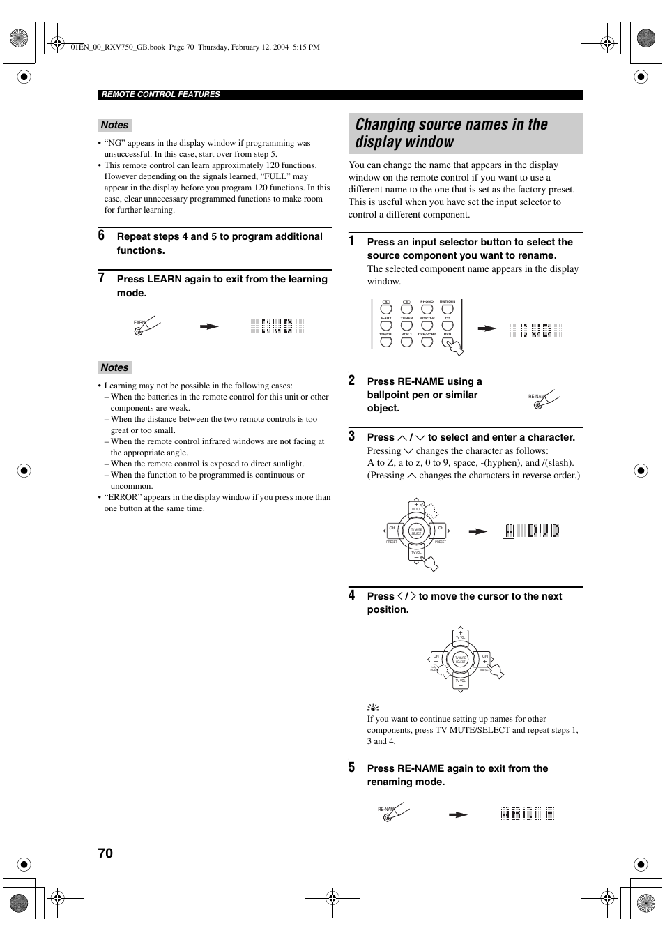 Changing source names in the display window, Press learn again to exit from the learning mode | Yamaha DSP-AX750SE User Manual | Page 72 / 91